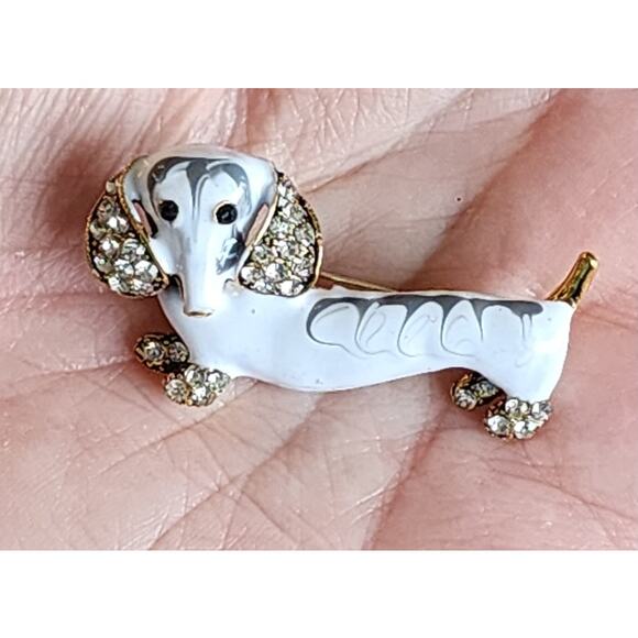Dachshund Dog  Brooch White Dripping Oil and Rhinestone Adorable - Picture 1 of 6